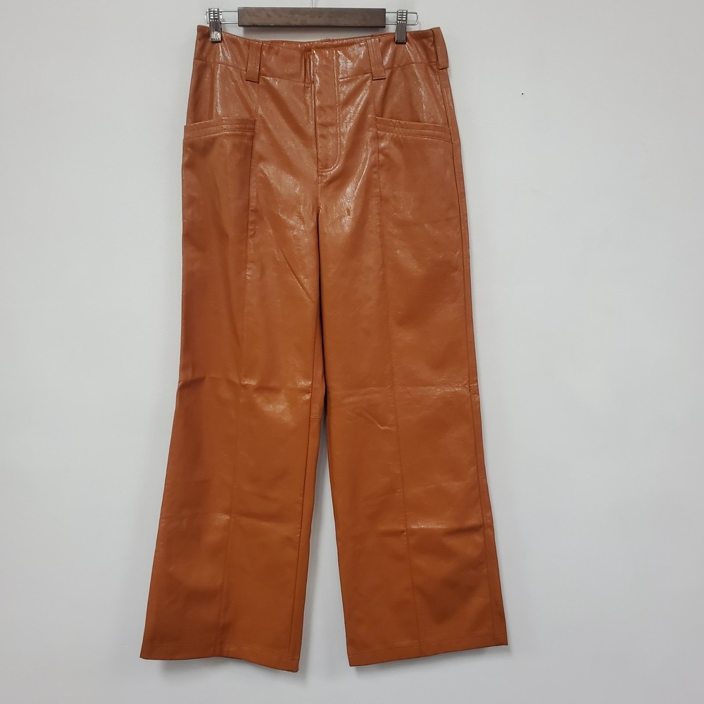 Free People Faux Leather Wide Leg Pants Size 8 Cognac Brown Country Cowgirl